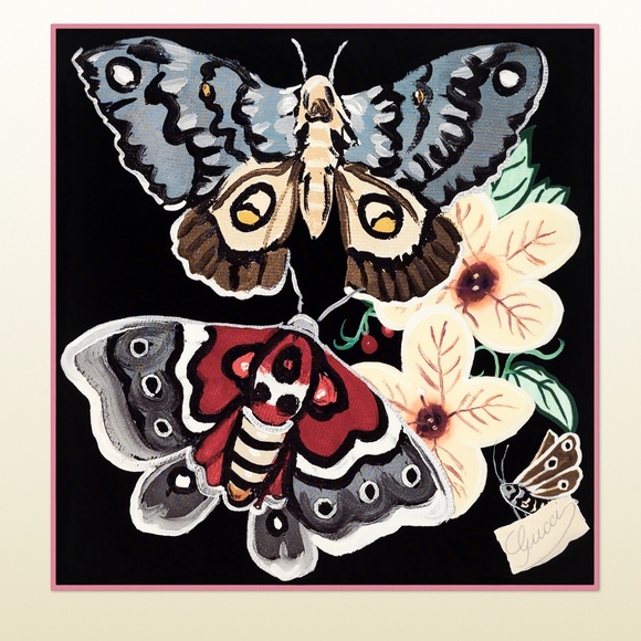 New Gucci Scarf Logo Kris Knight Butterfly Flora Black Silk Wrap Gucci Gift Box - Picture 1 of 11